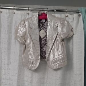 Metallic Puff Sleeve Leather Jacket - Silver